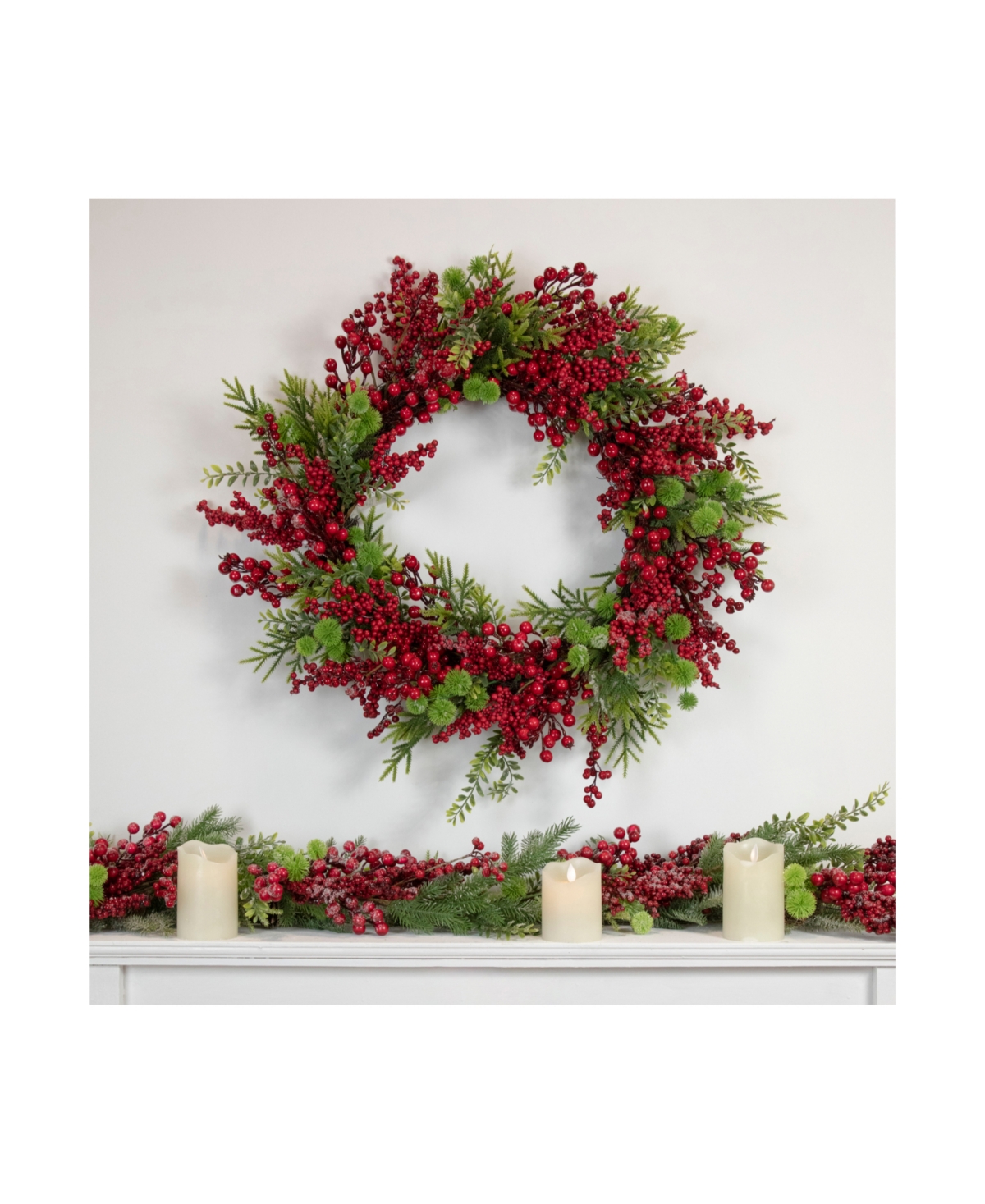 Artificial Frosted Berry and Pine Christmas Wreath Unlit