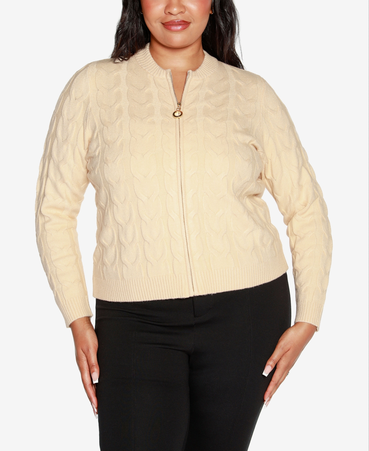 Belldini Black Label Plus Size Zip Cable Sweater - Cream