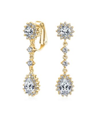 Crown Halo Cubic Zirconia CZ Teardrop Chandelier Clip On Earrings Non-Pierced