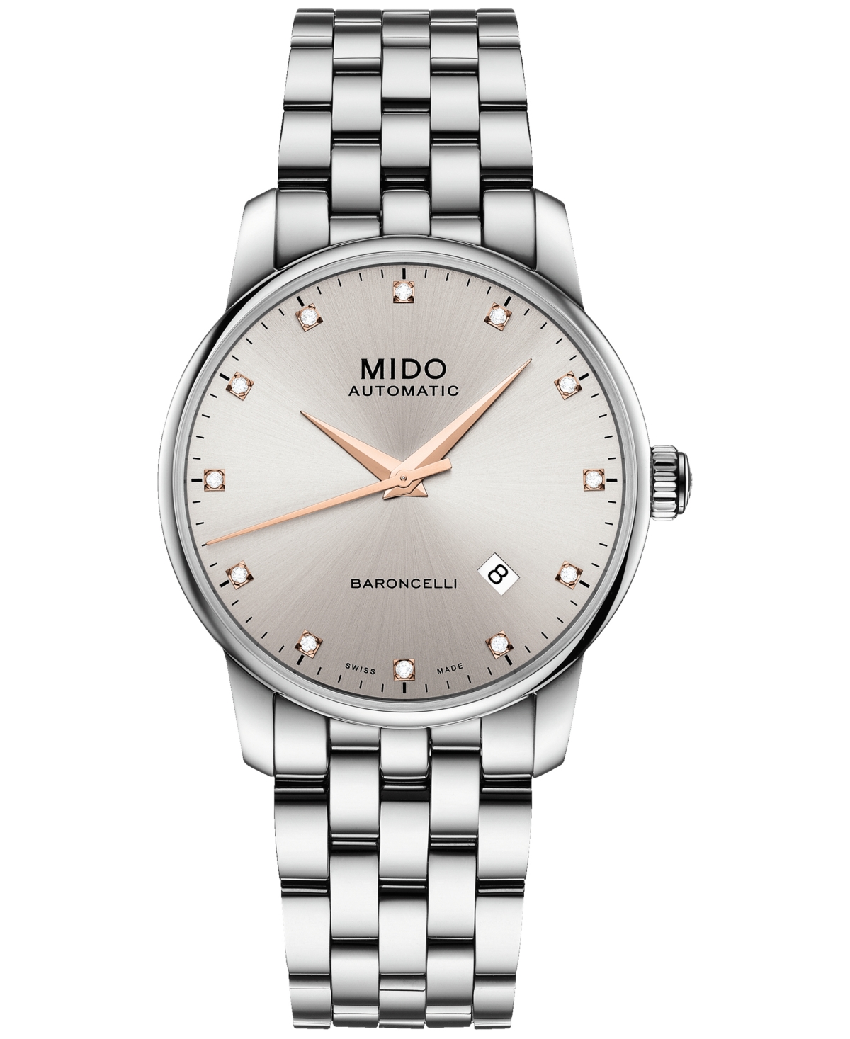 Mido Men's Swiss Automatic Baroncelli Diamond (1/10 Ct. T.w.) Stainless Steel Bracelet Watch 38mm In Rhodium