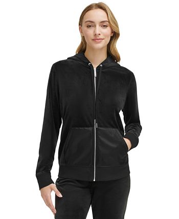 Calvin Klein Women's Velour Zip Front Hoodie With Faux Leather Pocket ...