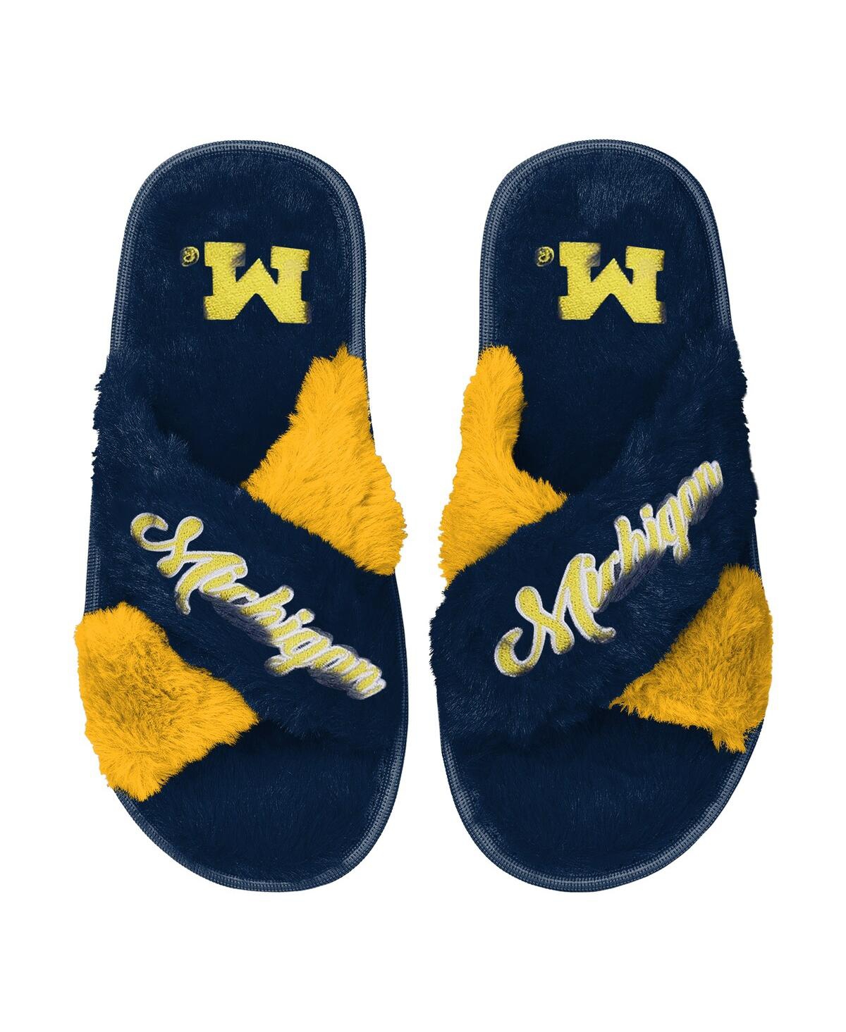 FOCO WOMEN'S FOCO NAVY MICHIGAN WOLVERINES TWO-TONE CROSSOVER FAUX FUR SLIDE SLIPPERS
