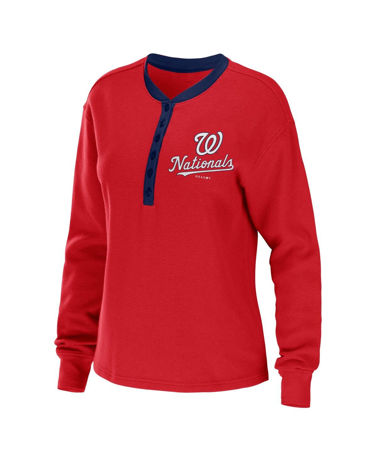 Shop Wear By Erin Andrews Women's  Red Washington Nationals Waffle Henley Long Sleeve T-shirt