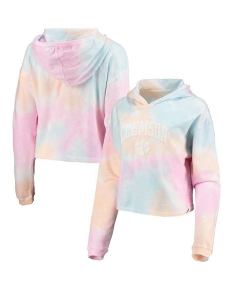 Женское худи League Collegiate Wear Pink, White Clemson Tigers Tie-Dye Cropped Pullover