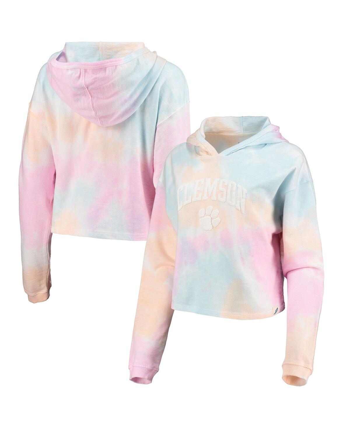 Women's League Collegiate Wear Pink, White Clemson Tigers Tie-Dye Cropped Pullover Hoodie - Pink, White