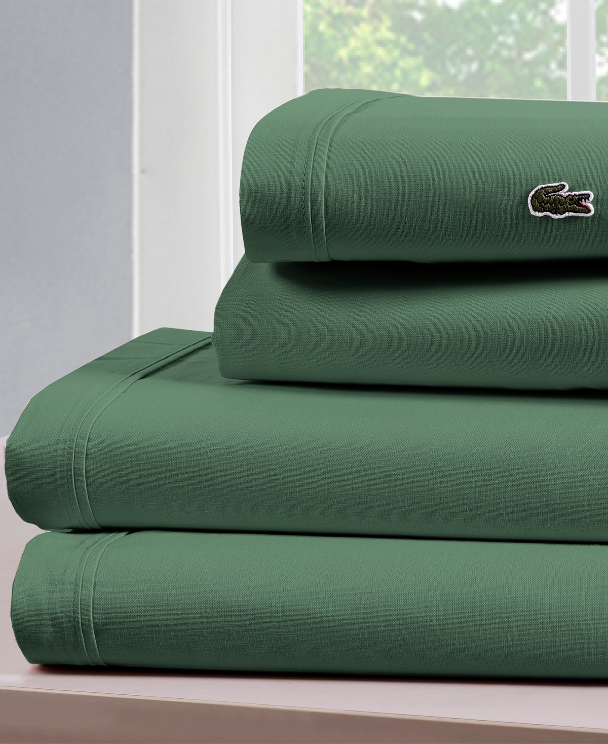 Lacoste Home Solid Cotton Percale Sheet Set, Twin In Ivy Green