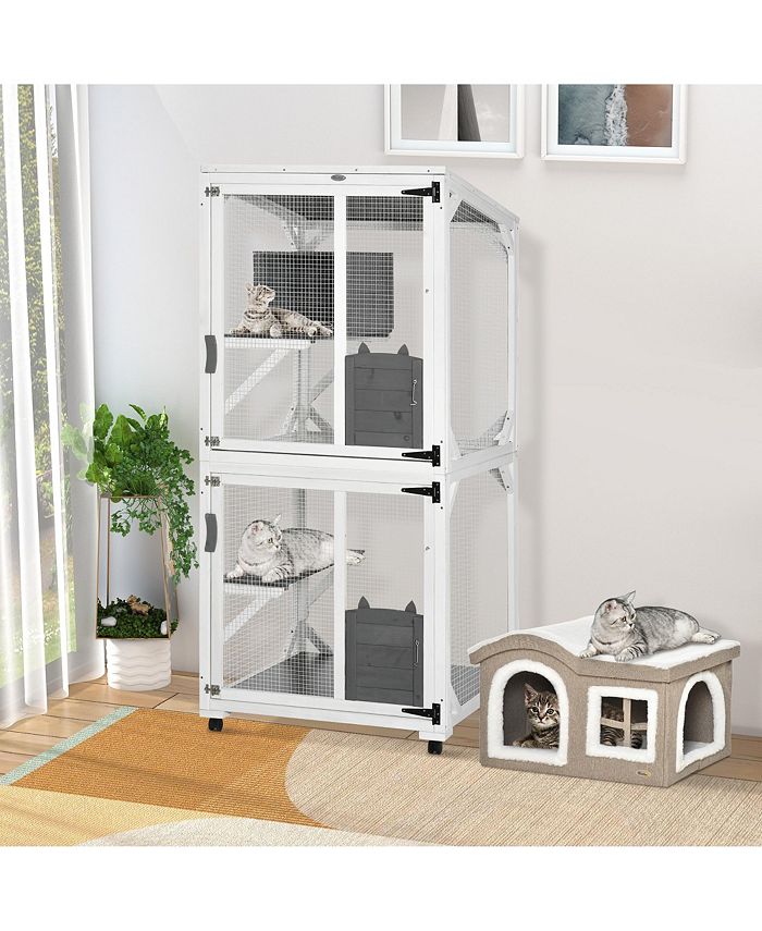 PawHut Large Cat House with HighUp Resting Box, 70.75" Wooden Catio with Asphalt Roof, Indoor