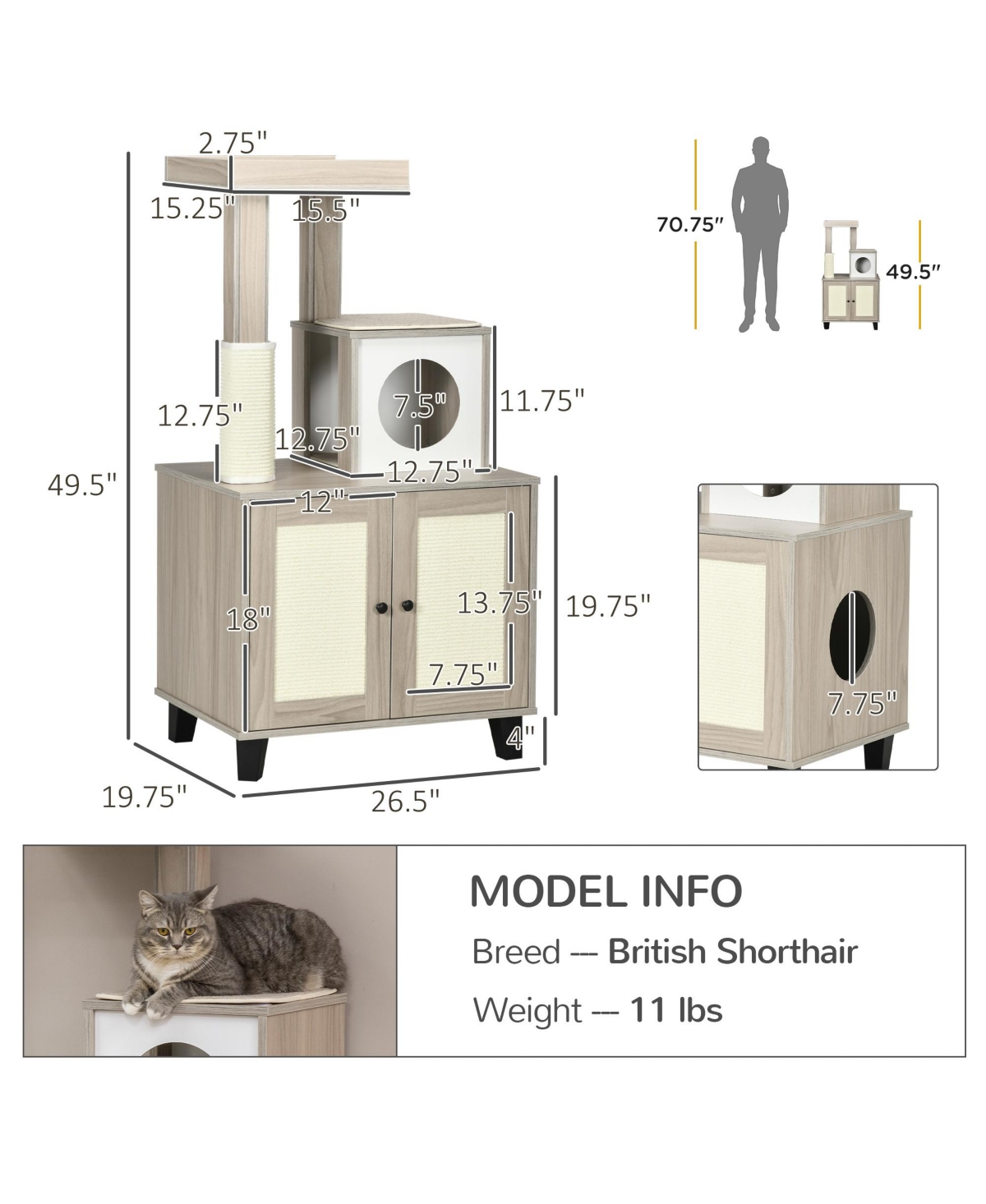 PawHut Cat Litter Box Enclosure Furniture with Cat Tree, Hidden Litter Box with Scratching Post, Bed, Modern Cat House Indoor, Gray