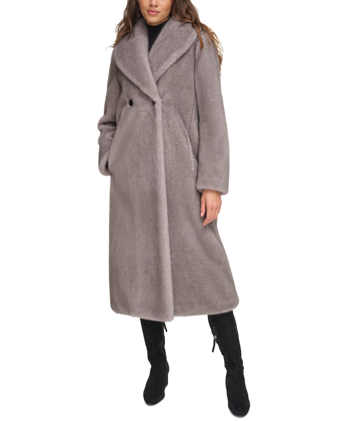 Donna Karan Women's Shawl-collar Double-breasted Faux-fur Coat In Grey