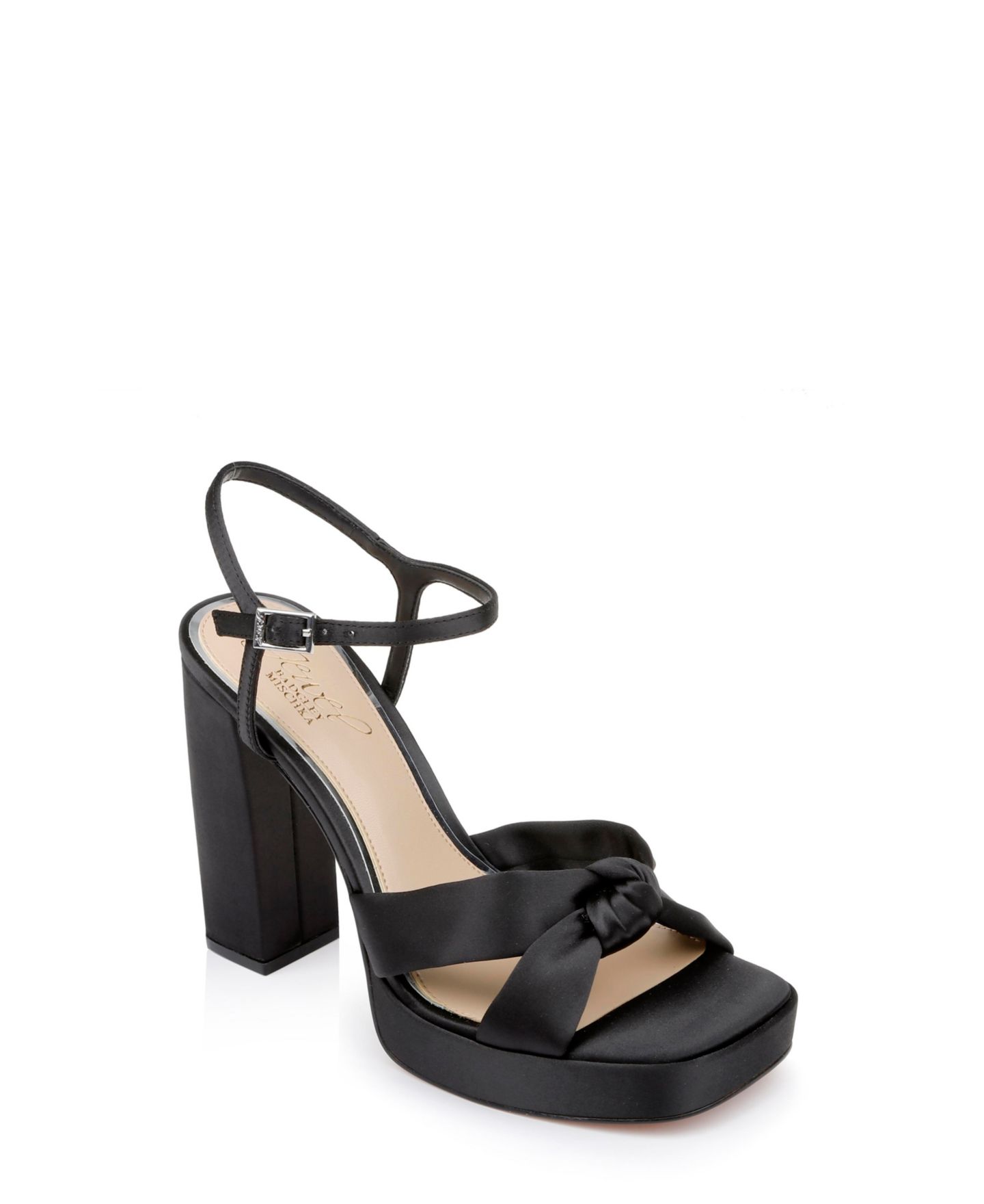 Женские сандалии Jewel Badgley Mischka Valencia Square Toe Evening Platform, цвет: Чёрный атласный — фото 1