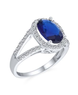 Classic 10CT CZ Royal Blue Halo Statement Oval Solitaire Promise Ring With Split Shank Thin Band Silver Plated