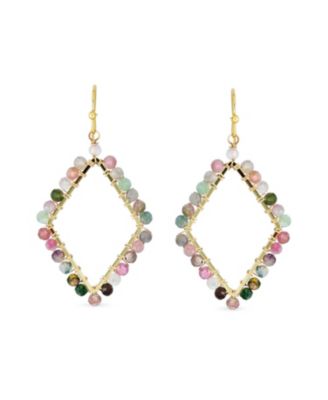 Geometric Wire Wrap Cluster Linear Fish Hook Multi Color Natural Fluorite Long Lightweight Rhombus Shape Dangle Earrings Gold Plated