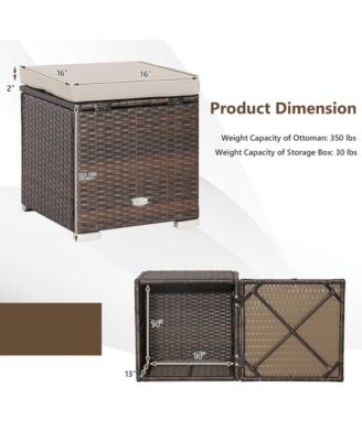 2PCS Patio Rattan Ottomans Seat Side Table Storage Box Footstool with Cushion