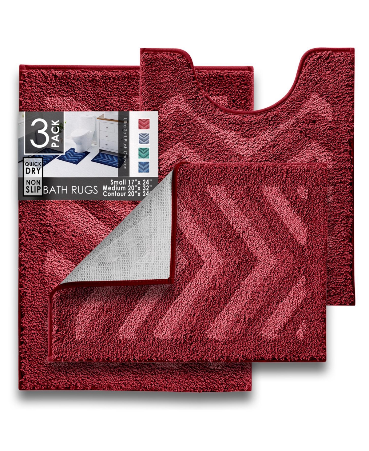 Ultra Soft Non Slip Shaggy Bath Rug - Chevron Design - Small, Large & Contour