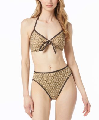 Michael Kors Michael  Womens Tie Front Logo Print Halter Bikini Top High Rise High Cut Bikini Bottoms In Brown Multi