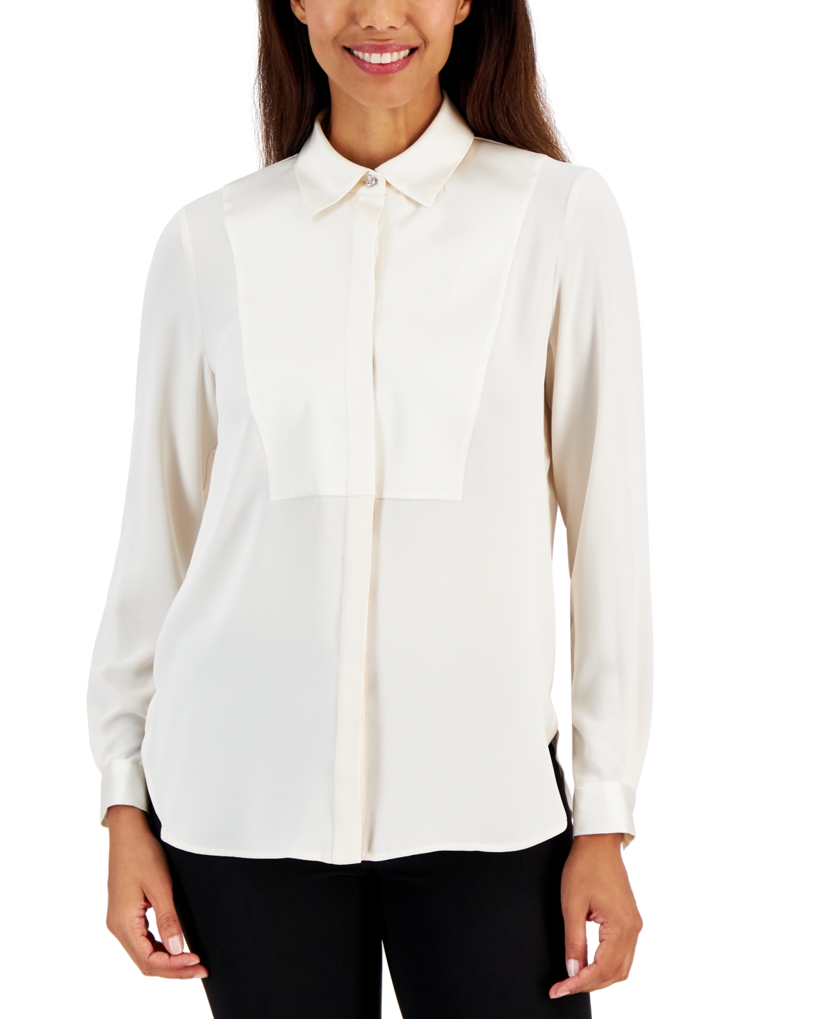 Anne Klein Women's Long-sleeve Tuxedo Button-up Shirt In Anne White