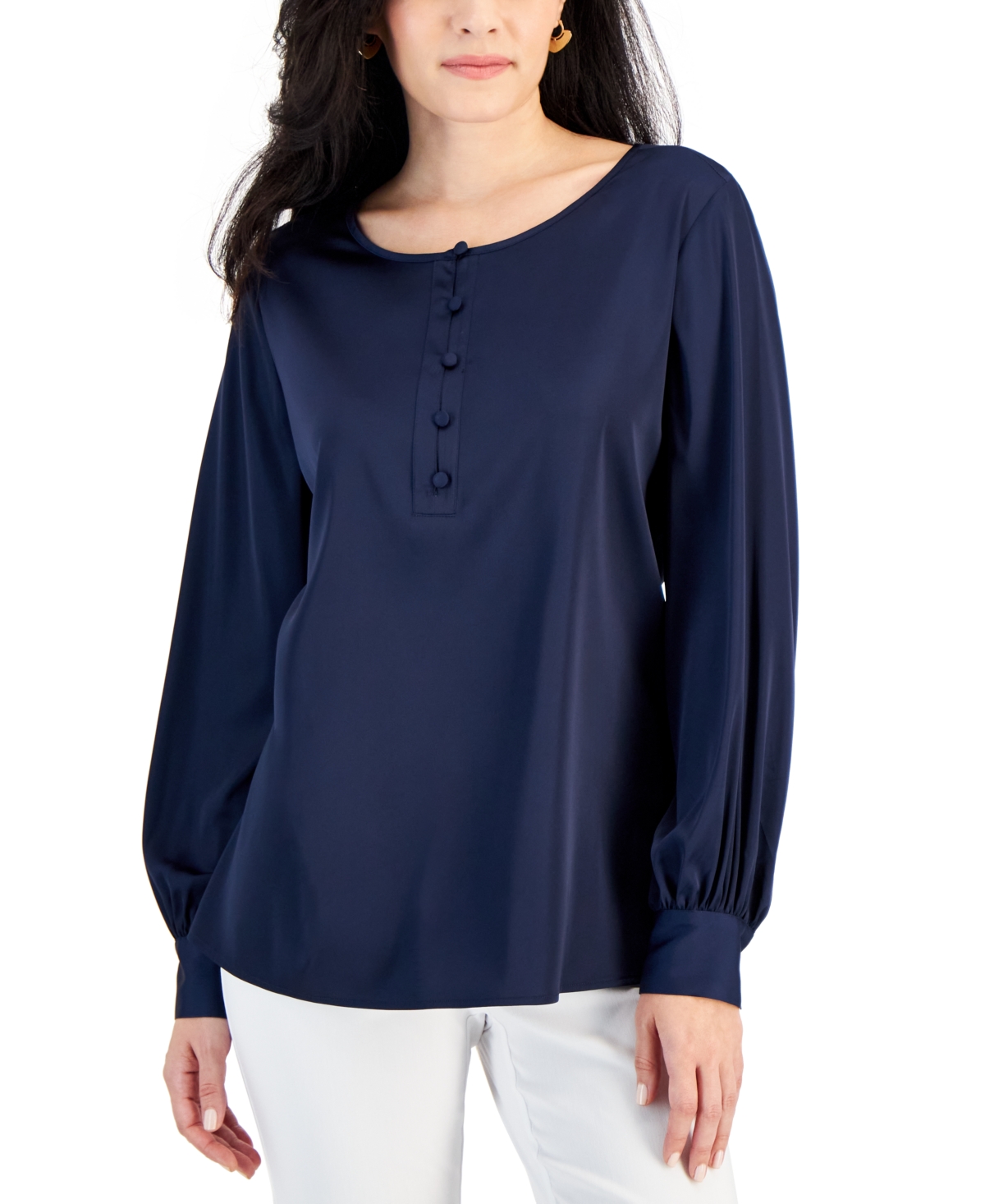 Petite Satin Button-Up Blouse, Created for Macy's - Modern Blue