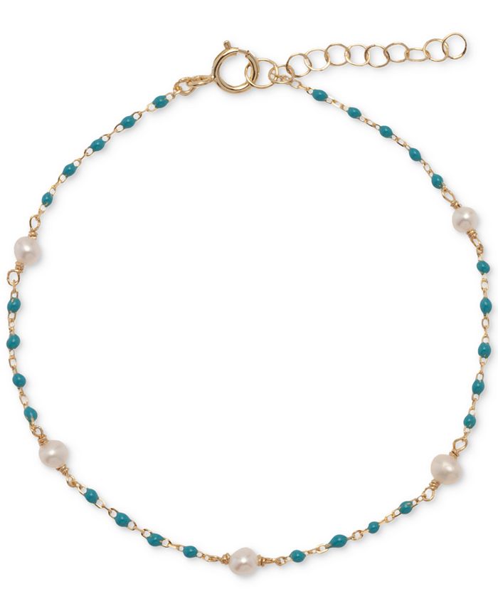 Macy's Cultured Freshwater Pearl (3 4mm) & Enamel Bead Link Bracelet in 18k GoldPlated
