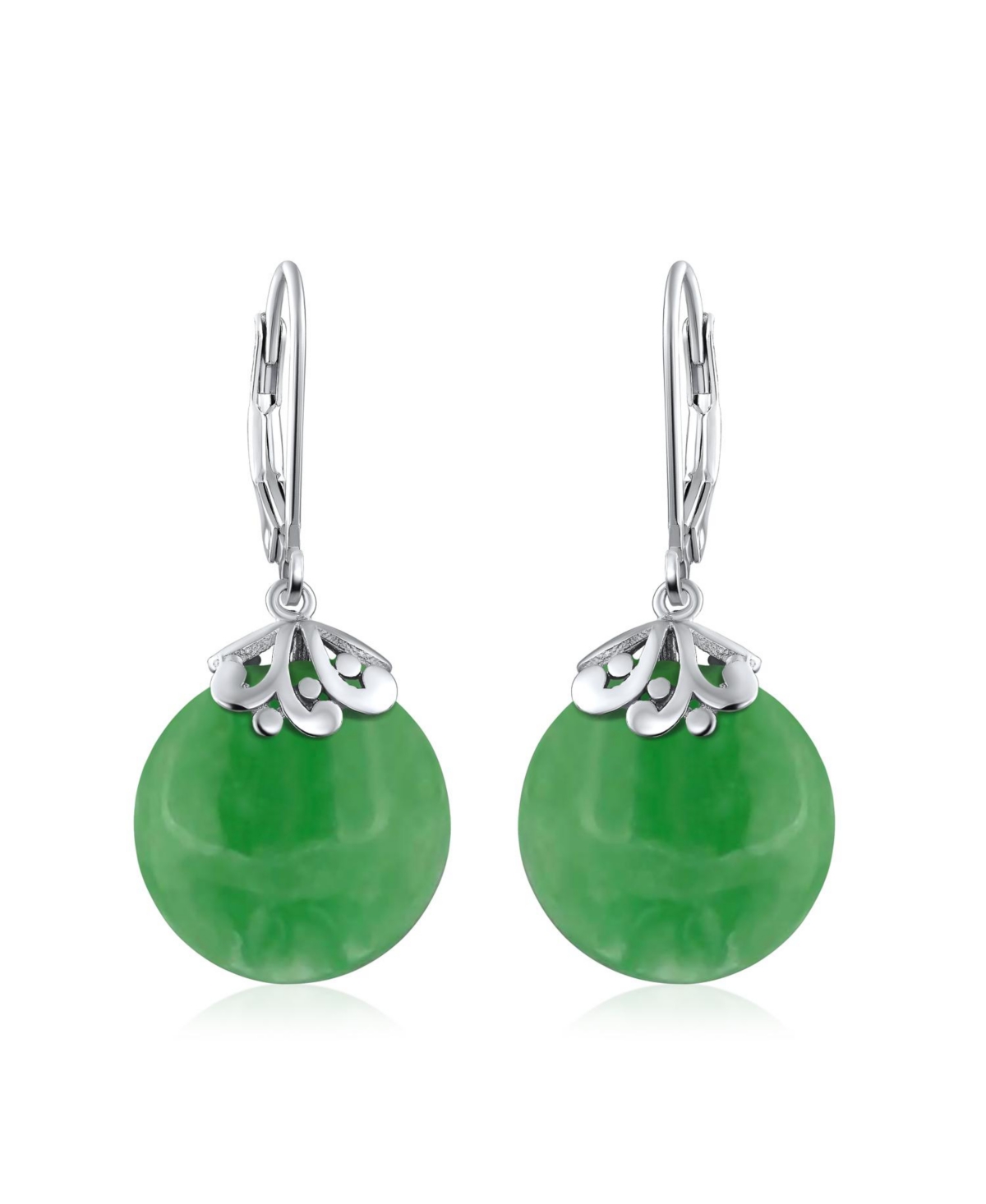 Bling Jewelry Western Style Filigree Lever Back s Green Dyed Natural Jade Flat Round Circle Disc Dangle Drops Earrings For Women Sterling Silver - Gre
