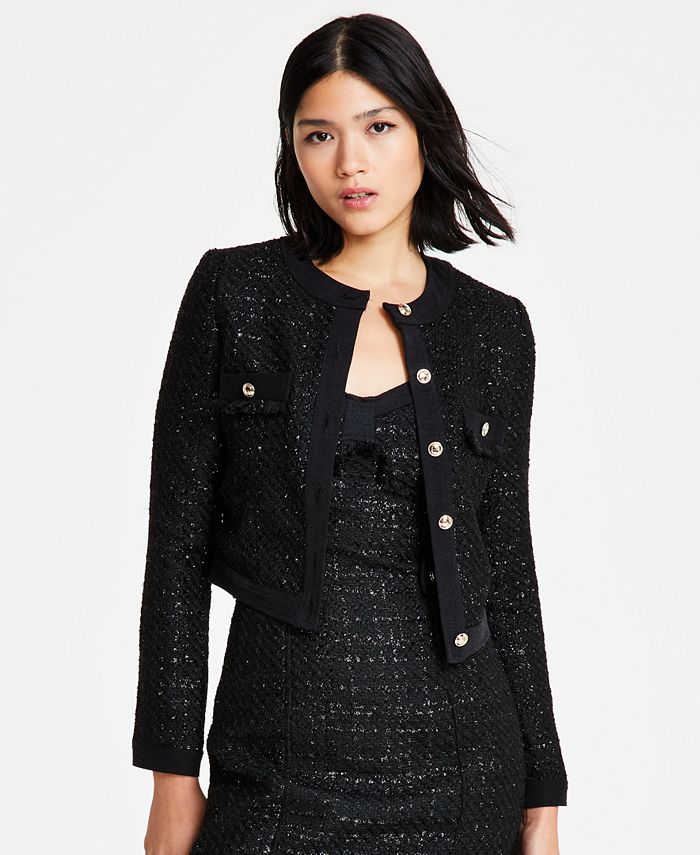GUESS Women's Clarissa Long-Sleeve Tweed Jacket - Macy's