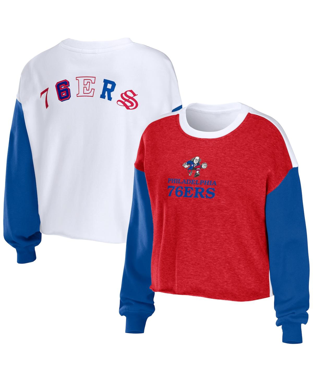 Shop Wear By Erin Andrews Women's  Heather Red Philadelphia 76ers Mixed Letter Cropped Pullover Sweatshirt