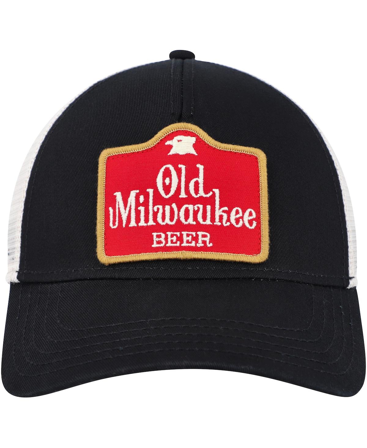 AMERICAN NEEDLE MEN'S AMERICAN NEEDLE BLACK, CREAM OLD MILWAUKEE VALIN TRUCKER SNAPBACK HAT 