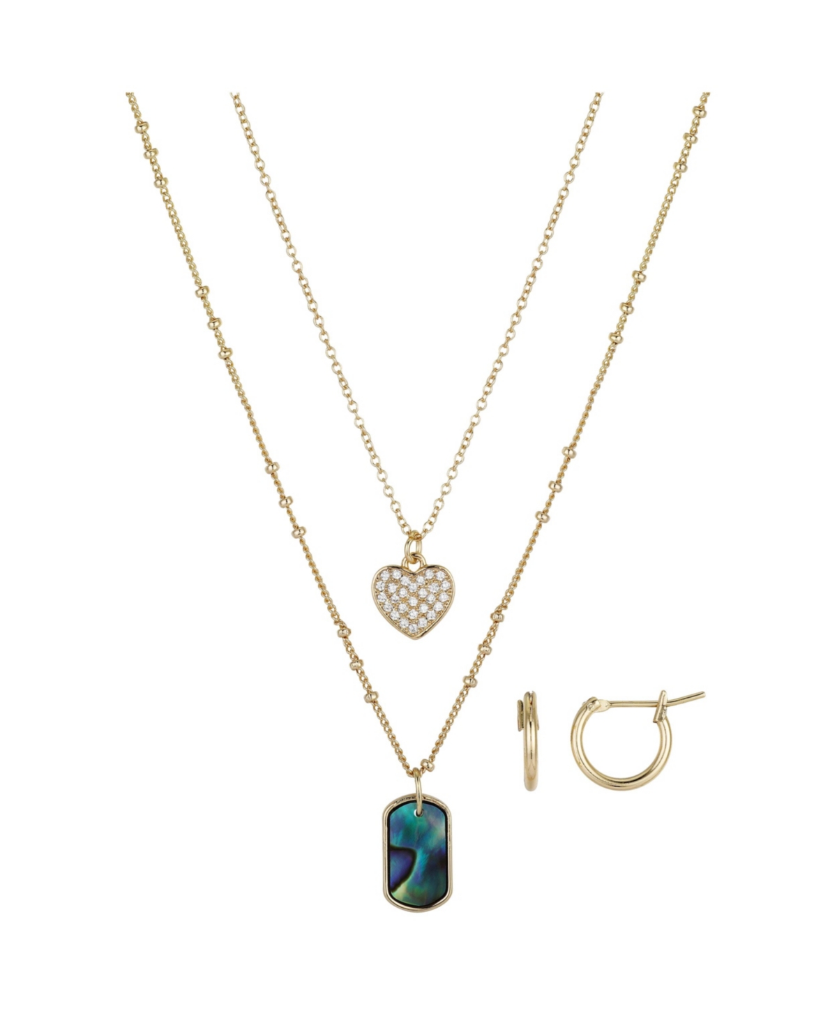 Pave Crystal Heart and Genuine Abalone Stone Necklace and Earring Set, 4 Piece - Gold