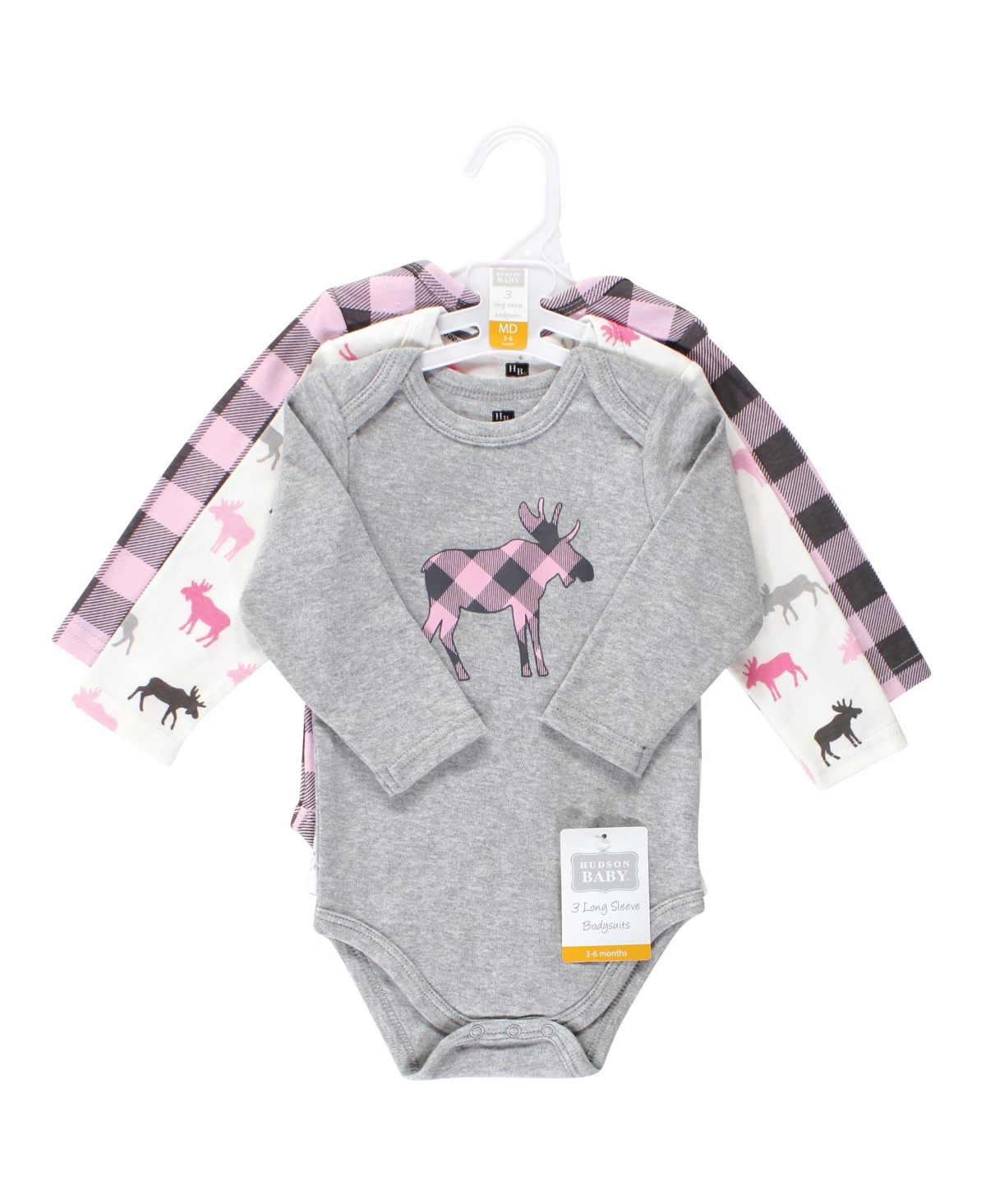 Hudson Baby Baby Girls Cotton Long-Sleeve Bodysuits, 3-Pack - Pink moose