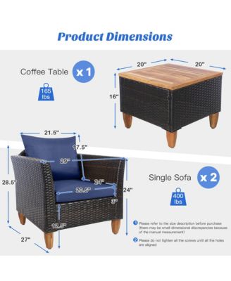 3PCS Patio Rattan Bistro Furniture Set Wood Table Top Cushion Sofa