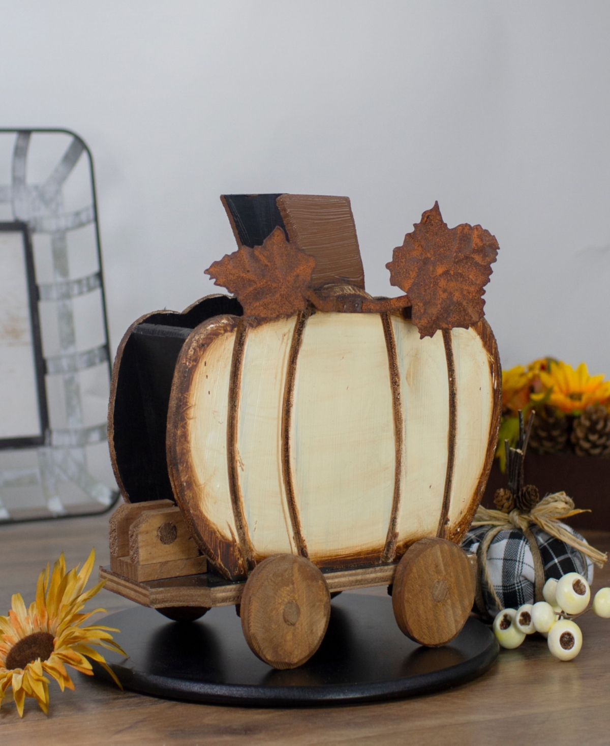 Shop Northlight 10.5" Fall Harvest Wooden Pumpkin Cart Tabletop Decoration In Brown