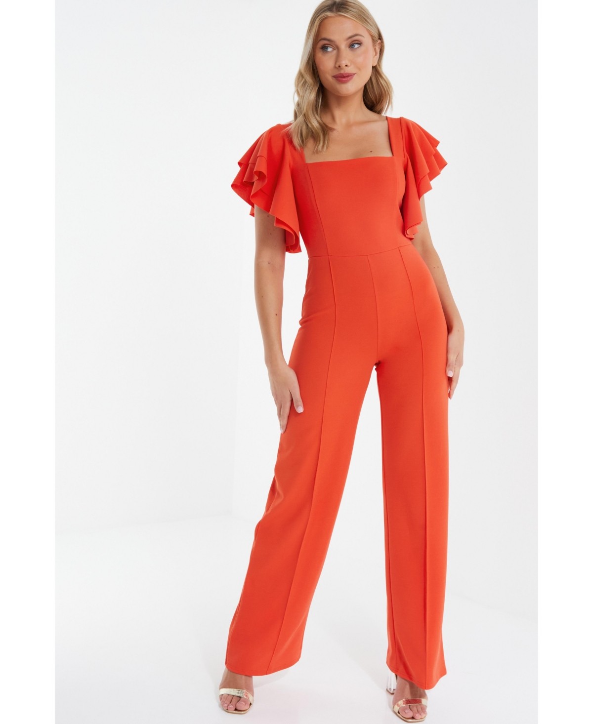 Quiz Women s Square Neck Frill Palazzo Jumpsuit Red Smart Closet