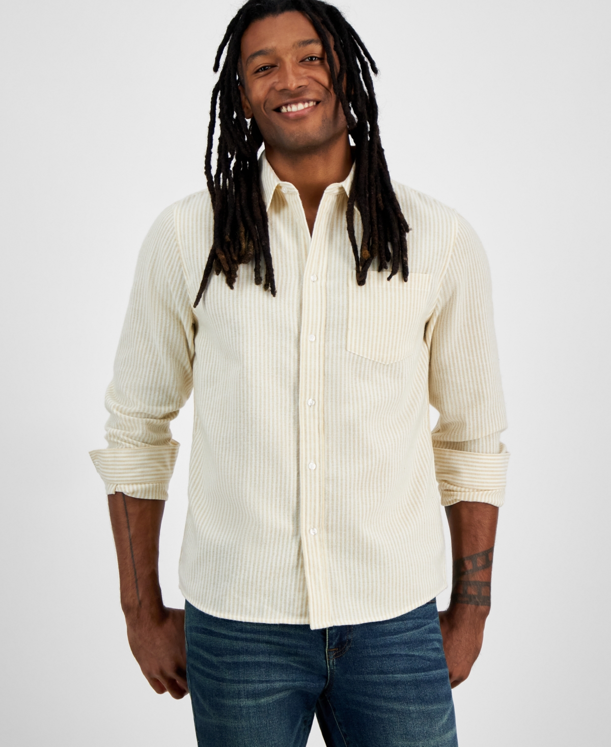 Men's Regular-Fit Stripe Button-Down Shirt, Created for Macy's - Beige Stripes