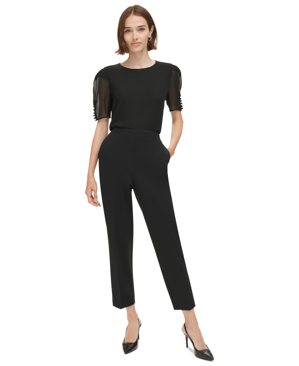 Calvin Klein Womens Sheer Elbow Sleeve Blouse In Black