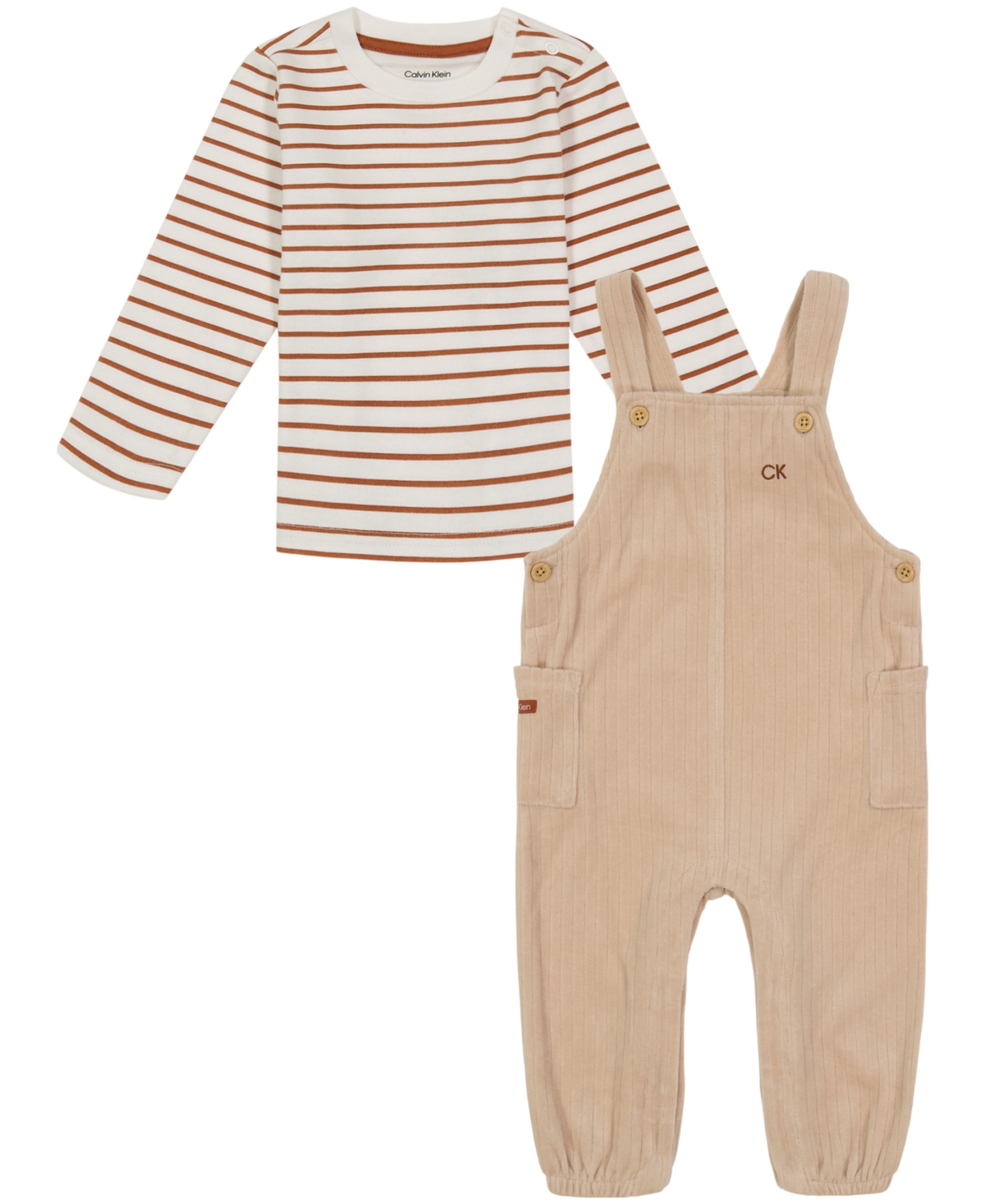 Calvin Klein Baby Boys 2 Piece Striped T-shirt And Ribbed Velour Overall Set In Tan