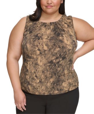 Calvin Klein - Plus Size Sleeveless Printed Pleated-Neck Top