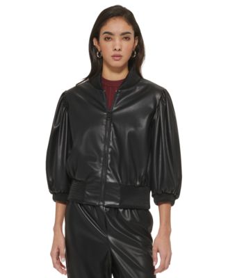 DKNY - Women's Faux-Leather Blouson-Sleeve Cropped Bomber Jacket