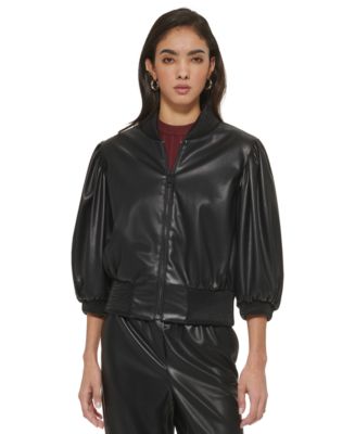 Dkny faux clearance leather sleeve blazer