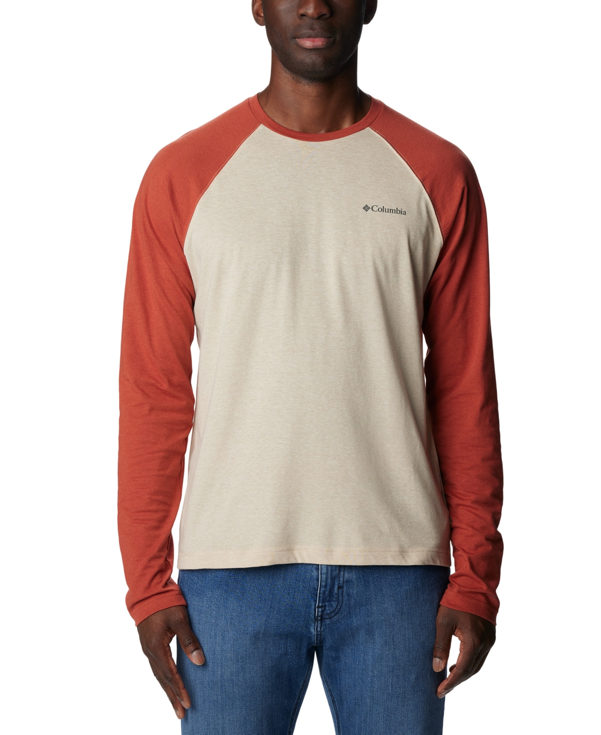 Columbia Men's Thistletown Hills Colorblocked Logo Graphic Raglan-sleeve Tech T-shirt In Ancient Fossil,warp Red Heather