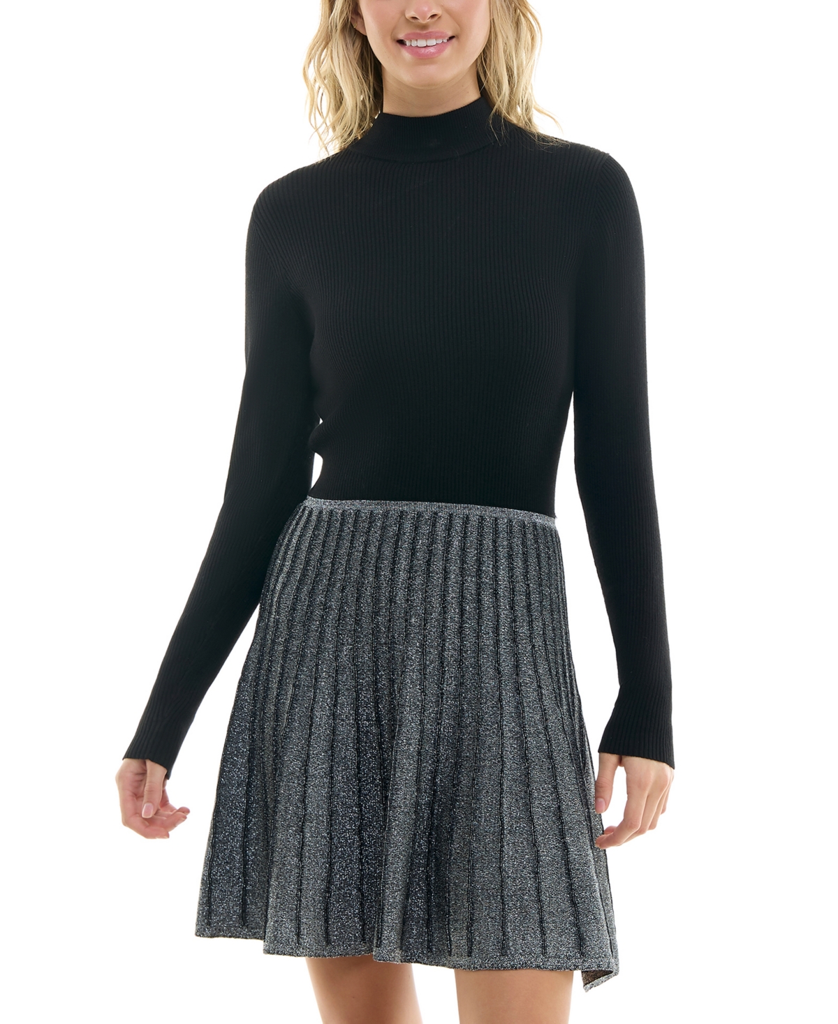 Juniors' Mock-Neck Pleat-Skirt Fit & Flare Sweater Dress - Black