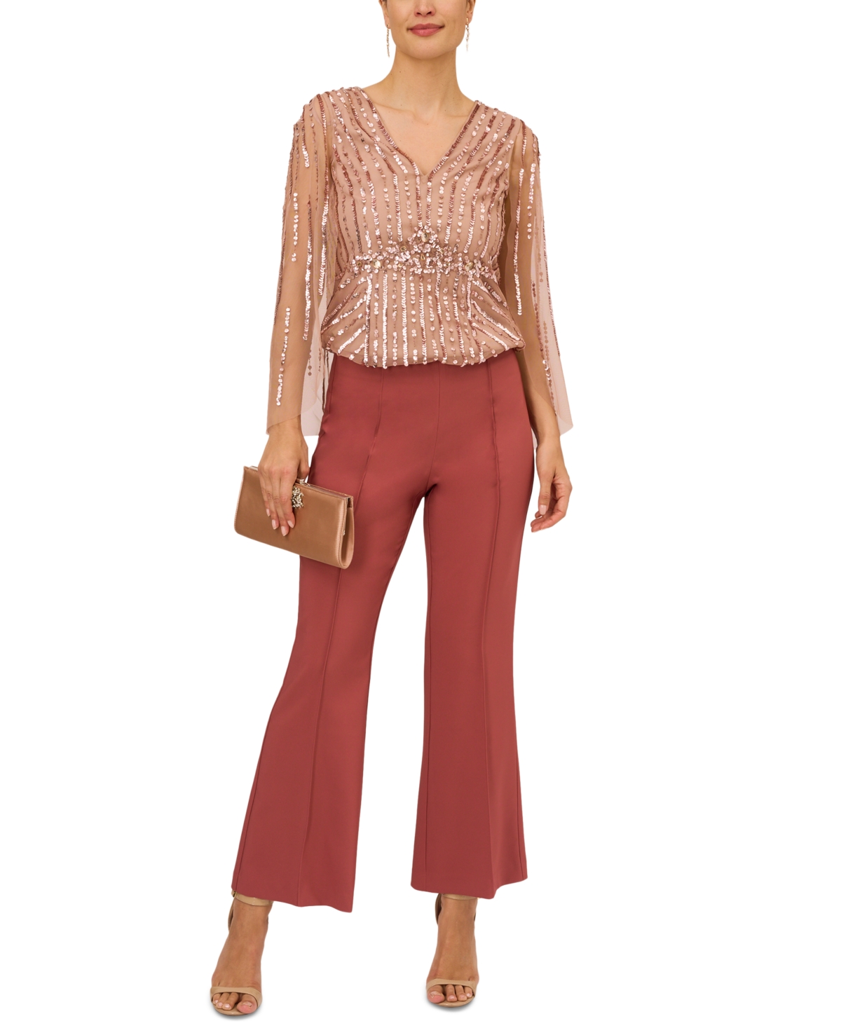 Adrianna Papell Women's Sequined Cape-sleeve Top In Rose Gold