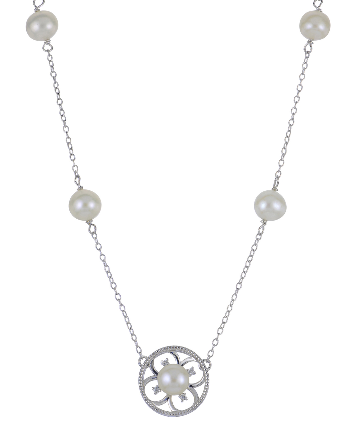 Cultured Freshwater Pearl (5 - 6-1/2mm) & Lab-Created White Sapphire (1/20 ct. t.w.) Flower 18