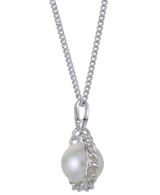 Cultured Freshwater Pearl (8mm) Chain Link 18" Pendant Necklace in Sterling Silver