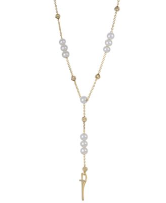 Cultured Freshwater Pearl (4 - 4 1/2mm) Cross 18" Lariat Necklace in 14k Gold-Plated Sterling Silver