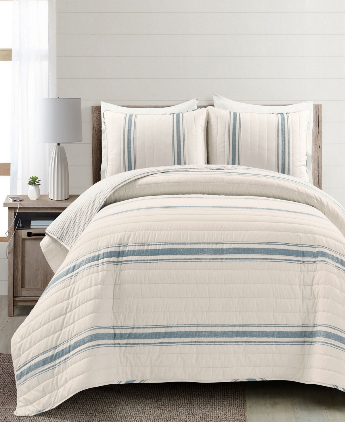Lush Decor Farmhouse Stripe Reversible Cotton 3-piece Quilt Set, King In Blue