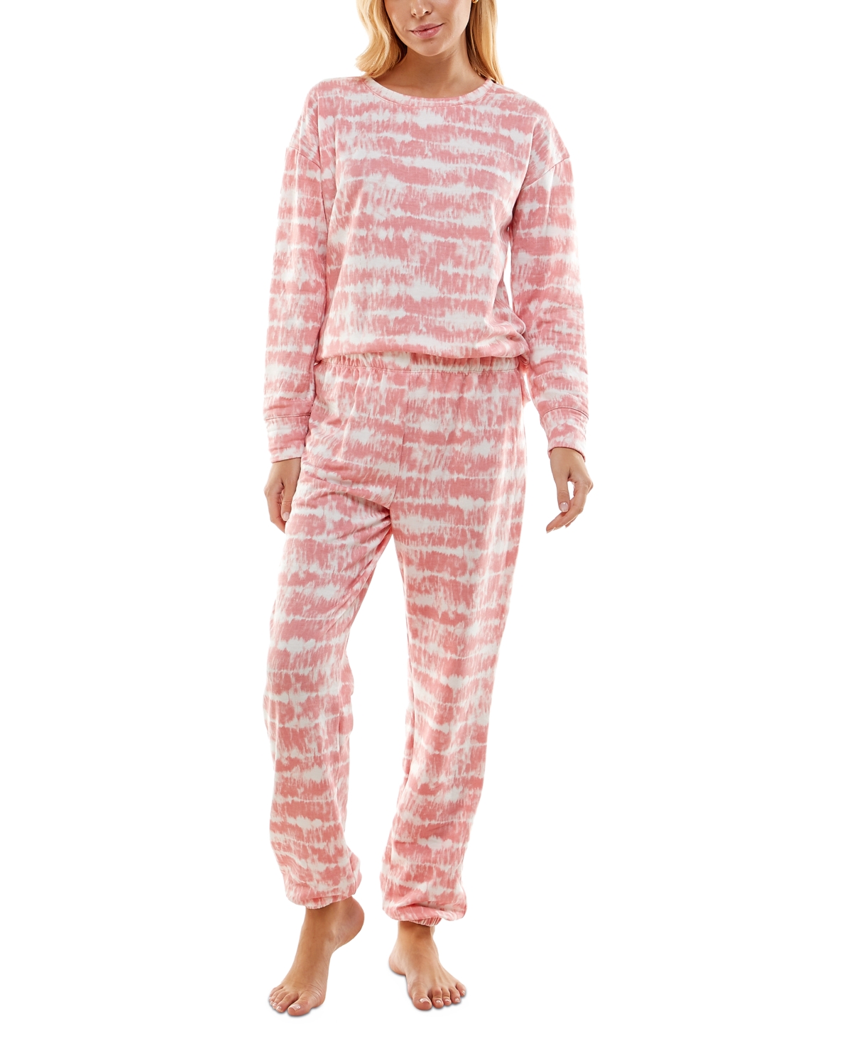 Roudelain Printed Butter-knit 2-pc. Long-sleeve Pajama Set In Washed Out Stripes Branded Apricot