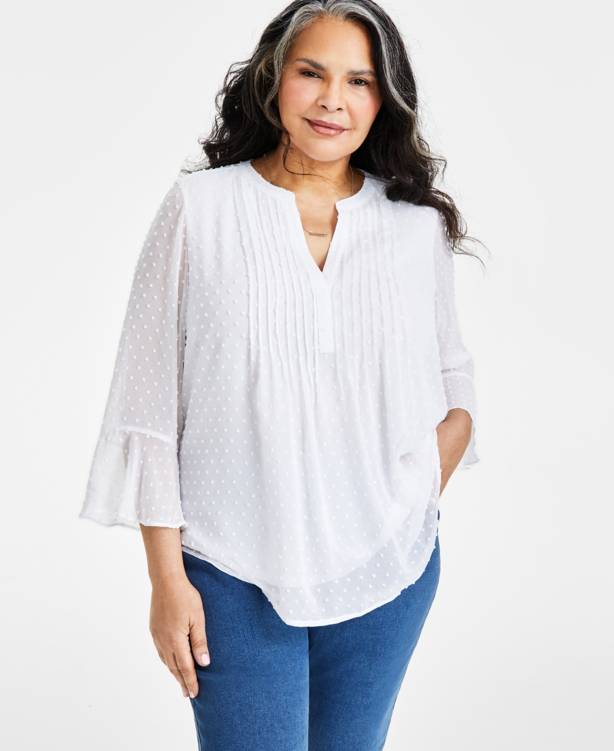 Style & Co Petite 3/4-sleeve Pintuck Blouse, Created For Macy's In Bright White