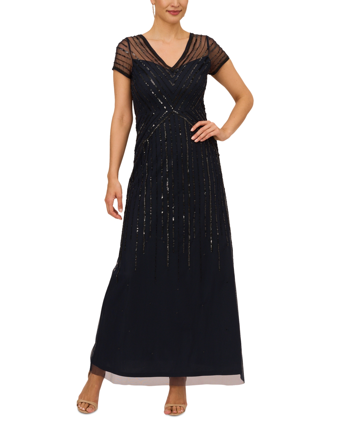 Downton Abbey Inspired Dresses Papell Studio Womens V-Neck Short-Sleeve Sequin Gown - MidnightBlack $159.00 AT vintagedancer.com