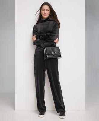 Dkny Womens Velour Cutout Shoulder Turtleneck Long Sleeve Top Straight Leg Pull On Pants In Black