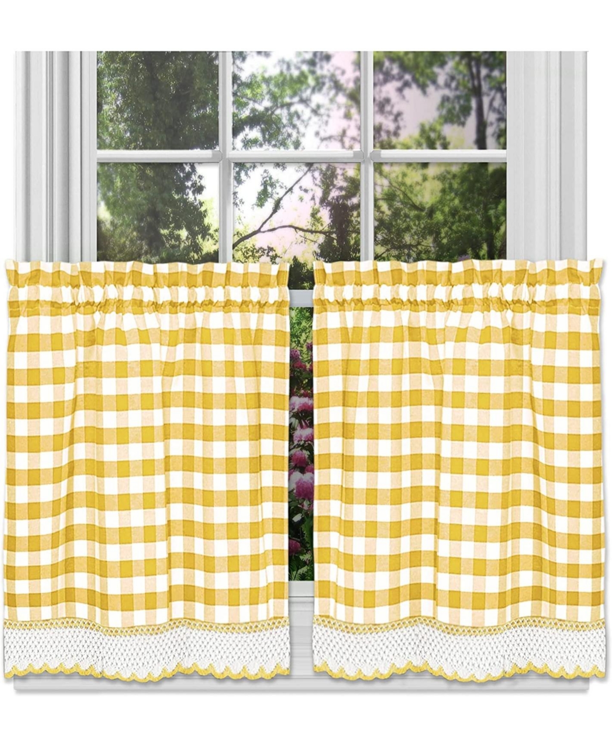 2 Piece Country Farmhouse Buffalo Plaid Rod Pocket Cafe Tier Curtain Panels With Macrame Border - Yellow