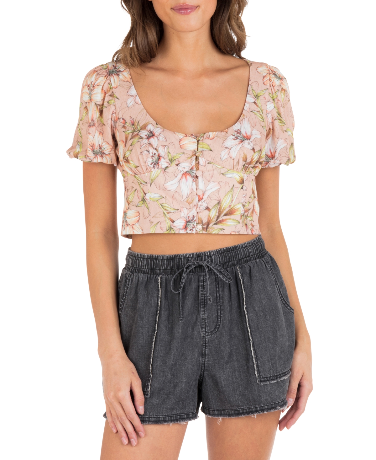 Hurley Juniors' Lily Floral-print Bubble-sleeve Cropped Top In Pink Sand